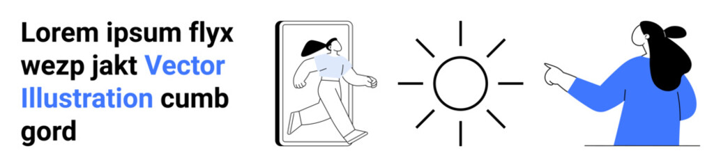 Woman pointing at a bright sun symbol in the middle, accompanied by a figure emerging from a smartphone screen. Ideal for technology, digital interaction, modern lifestyle, communication