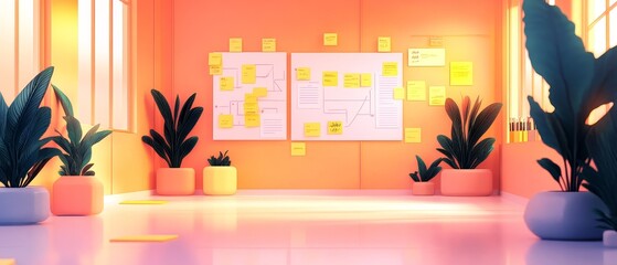 Creative collaboration space with bright post-it notes and lush greenery for enhanced productivity and inspiration