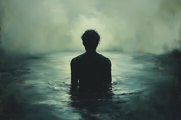Obraz premium A solitary figure submerged in dark water, enveloped by fog and mystery.