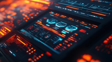 Obraz premium Futuristic digital interface with glowing blue and orange HUD elements.