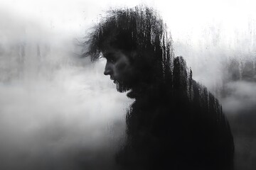 Black and white portrait of a man seen through a rain-streaked window.