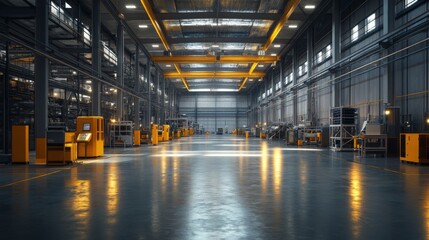 Obraz premium Industrial Factory Interior with Yellow Machinery and Overhead Crane