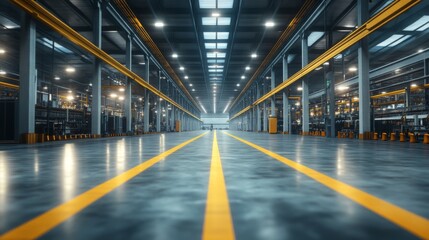 Fototapeta premium Empty Industrial Factory Floor with Yellow Lines