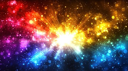 Abstract colorful glowing background with bokeh lights and rays of light emanating from the center.