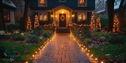 A brick walkway lined with string lights leading to a house with Christmas decorations.