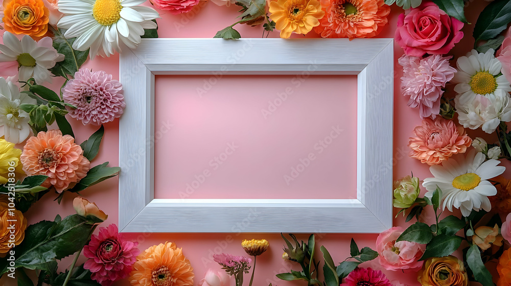 Wall mural Floral frame arrangement with vibrant flowers on a pink background.