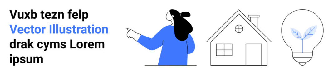 Woman in blue pointing to house and lightbulb icons. Ideal for energy efficiency, home improvement, sustainability, eco-friendly living, and innovation themes. Banner for landing page