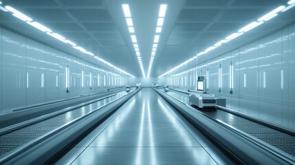 Fototapeta premium Futuristic Conveyor Belt System in a Brightly Lit Tunnel