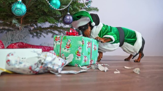 Cute funny dachshund dog in suit, Santa hat unpacks gift under Christmas tree, impatiently bites off packaging bow, secretly opens the box helping with paw Family festive atmosphere, pet mischief
