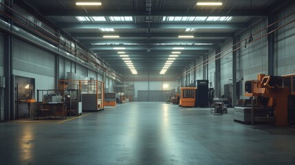 Empty Industrial Warehouse with Industrial Machinery and Fluorescent Lights