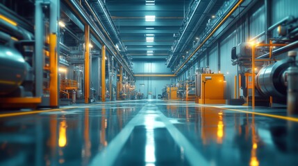 Obraz premium Industrial Factory Interior with Reflective Floor and Yellow Supports