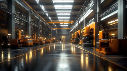 Industrial Factory Interior with Machinery and Yellow Lighting