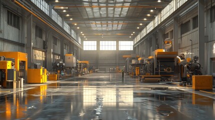 Fototapeta premium Industrial Factory Interior with Machinery and Wet Floor