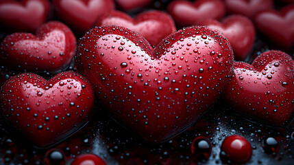 Obraz premium A collection of shiny red hearts with water droplets.