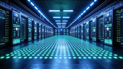 Fototapeta premium Futuristic server room with glowing floor and rows of servers.