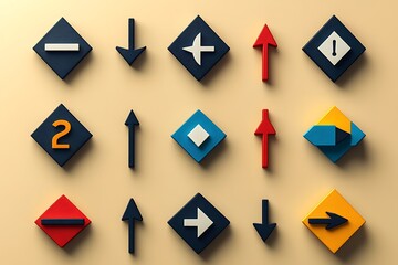 A collection of colorful minimalist direction signs on a beige background.