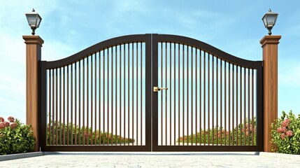 Obraz premium Elegant Wooden Gate with Lamp Post in Sunny Setting