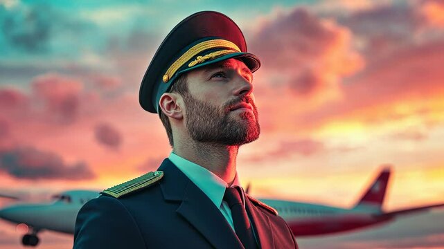 Confident pilot stands against a stunning sunset