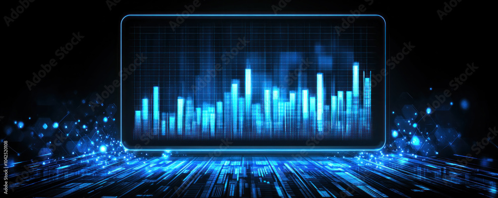 Poster a blue screen with a graph of numbers and a city skyline. concept of technology and progress, with t