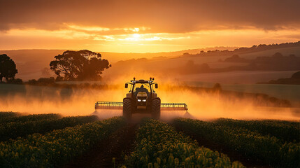 Fototapeta premium Tractor spraying fields at sunset, creating a misty atmosphere.