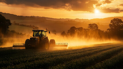 Fototapeta premium Tractor working in a field during sunset, creating a misty scene.