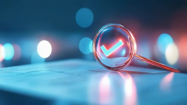 Magnifying Glass and Check Mark on Document Modern Approach to Verification and Approval with Bokeh Background for Clarity and Focus in Inspection.