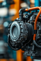 Fototapeta premium Close-up of an industrial engine component showcasing precision engineering and mechanical details in a workshop setting