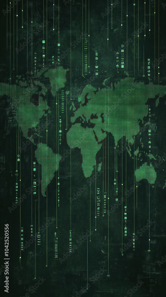 Poster a green screen with a map of the world on it. the map is made up of small dots and lines