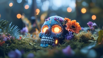 An intricate and colorful sugar skull adorned with vibrant flowers, glowing gently amid a lush, enchanting forest setting, capturing the spirit of Día de los Muertos celebrations.
