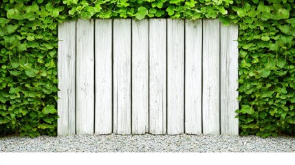 Lush Green Wall with Weathered Wooden Planks
