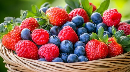 Obraz premium Close-up of Fresh Strawberries, Raspberries, and Blueberries in a Wicker Basket