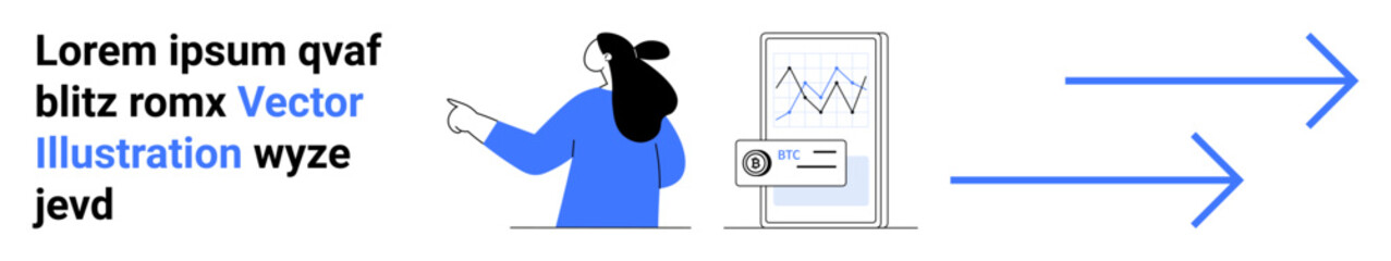 Woman presenting data graph on mobile screen with arrows pointing right. Ideal for business, data analysis, technology, progress, and presentation. Banner for landing page