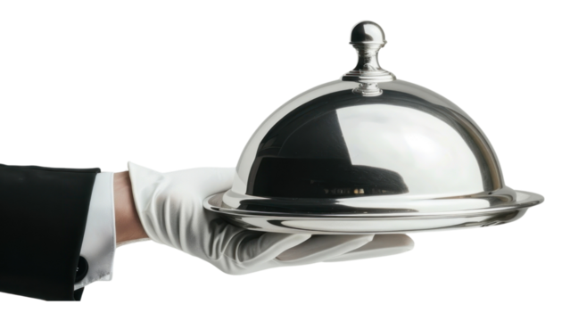 PNG Cloche lid being held by hand service serving silver.