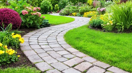 Obraz premium Serene Garden Pathway with Vibrant Flower Beds