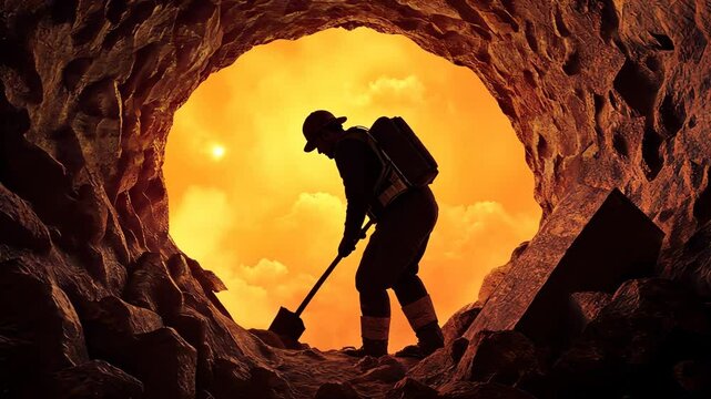 A silhouette of a miner digging in a cave, illuminated by warm sunlight.