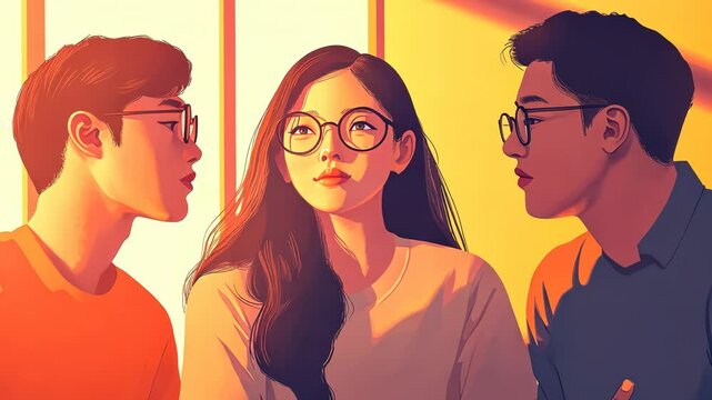 Three friends in a warm ambiance, engaged in a vibrant conversation