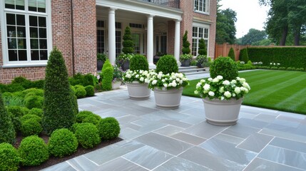 Fototapeta premium Elegant Garden Landscape with Stone Patio and Planters