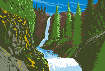 WPA poster art of Rainbow Falls on Rainbow Creek located inside Lake Chelan National Recreation Area in North Cascades National Park, state of Washington USA done in works project administration.  © Redwater Vectors