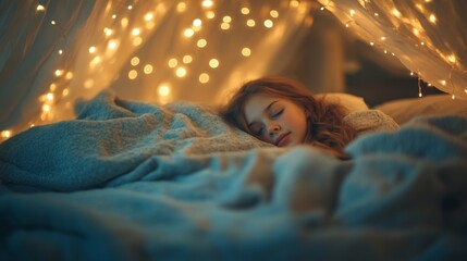 Obraz premium Young Girl Asleep in a Bed with Fairy Lights