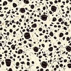 Obraz premium A playful seamless pattern featuring scattered coffee beans and cups on a light background, ideal for coffee-themed designs.