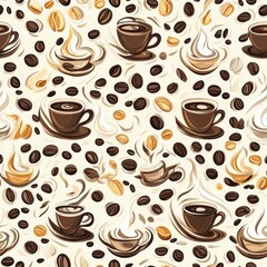 Fototapeta premium A whimsical coffee-themed seamless pattern featuring coffee cups, beans, and cream swirls, evoking warmth and comfort.