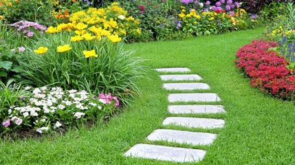 Beautiful Garden Pathway Surrounded by Colorful Flowers