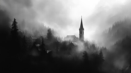 Fototapeta premium Church Tower Emerging from Misty Forest
