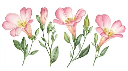 Obraz premium Pink freesia flowers buds and leaves Hand drawn watercolor illustration of garden flowers Summer floral design suitable for invitations cards textiles and packaging