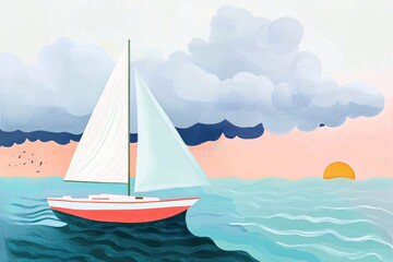 Sailing boat view with stormy sky and sunset rays featuring an epic seascape with dark clouds and deep cyclone