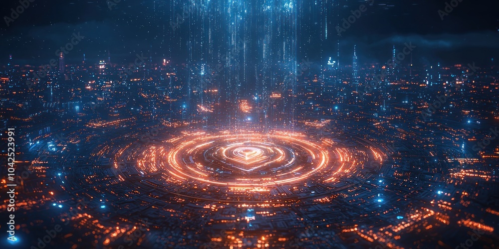 Poster Futuristic Cityscape with Glowing Circles and Data Streams