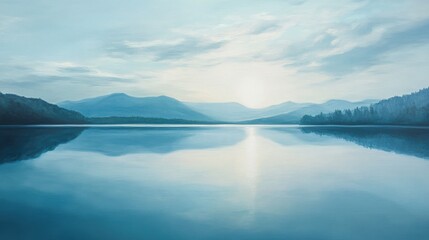 Oil painting depicting a serene blue lake with its reflection captured on the water s surface