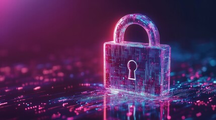 A glowing, transparent padlock with a keyhole stands on a surface of glowing digital data, representing cybersecurity and digital protection.
