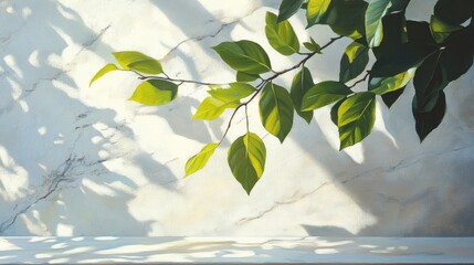 Oil painting depicting vibrant green leaves on a branch illuminated by sunlight casting shadows on a white marble wall and wooden table featuring natural elements and ample copy space