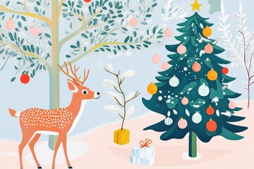 Fototapeta premium Christmas Tree with Reindeer in a Winter Wonderland Coloring Page